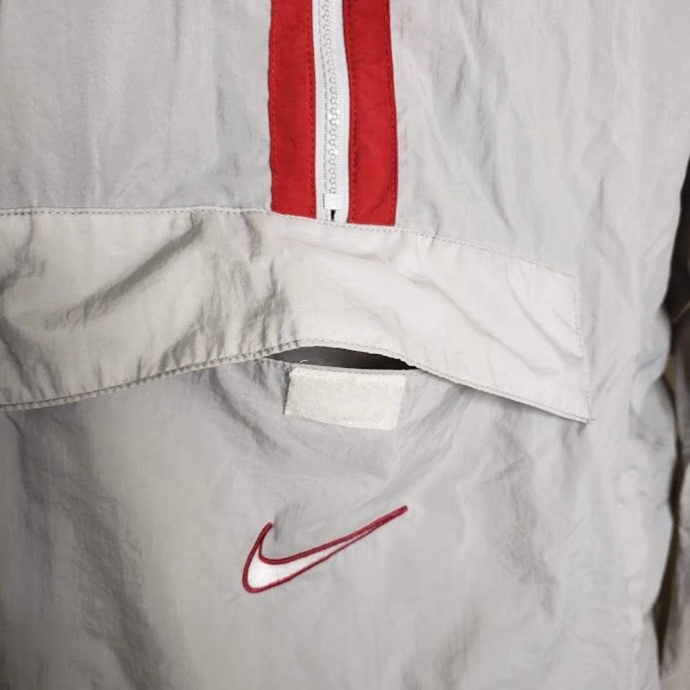 Nike Men's Windbreaker Jacket XL Gray Red Swoosh Nylon Half Zip White Label - Picture 4 of 11